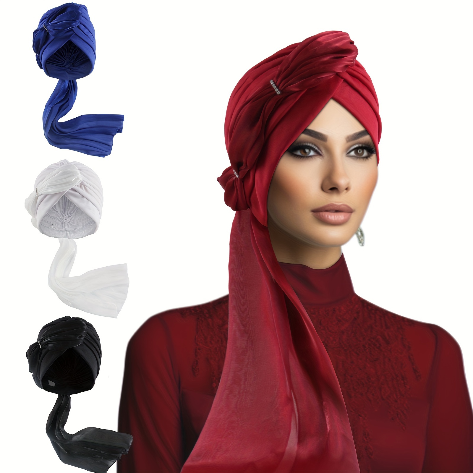 

Rhinestone Solid Color Hijab Muslim Turban Head Headwear Stylish Skull Cap Bonnet Hats For Women