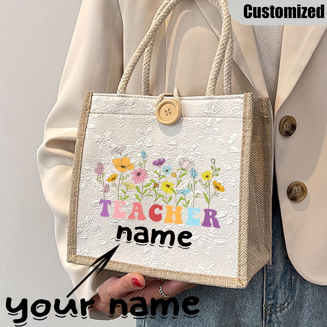 TEMU Bolsa de tela con estampado floral personalizada con de agradecimiento al maestro, mini bolsa de casual, ideal para ir al trabajo, a . La mejor