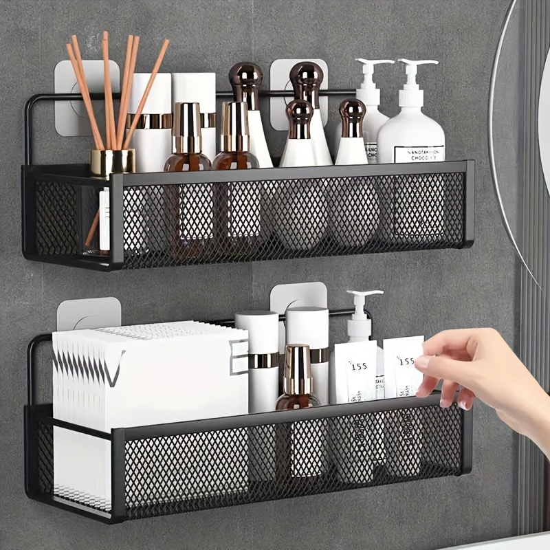 

1pc Cast Iron Bathroom Shelf Organizer, No Drilling Required Wall Mount Storage Rack, Space Saving Toiletry Holder For Restroom, Washroom – Rust-resistant, Black
