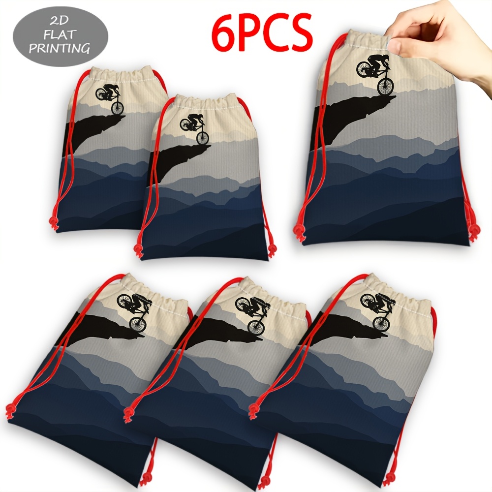TEMU 6pcs Bulk Large Mountain Biker-themed Gift Bags Suitable For Parties, Hanging Drawstring Favor Bags With Biker Silhouette, For Candy, & Treats -