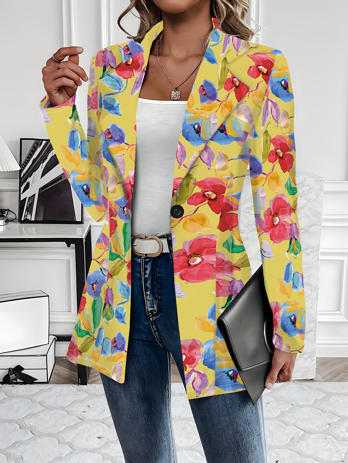 women's floral print jacket vibrant yellow multicolor Temu Canada