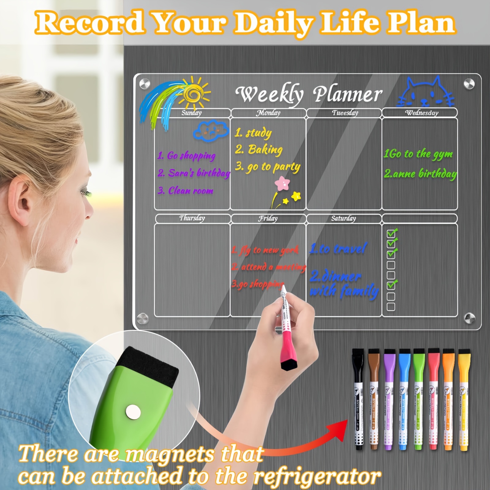 

2/3 Pcs Magnetic Acrylic Calendar For Fridge - 16"x12" Planner Board And Weekly Clear Calendar Includes 8 Markers 8 Colors