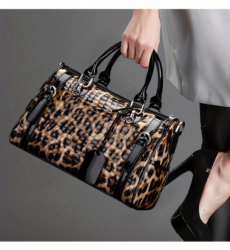 luxury genuine faux leather womens handbag spacious stylish with adjustable strap animal print design zip closure details 3