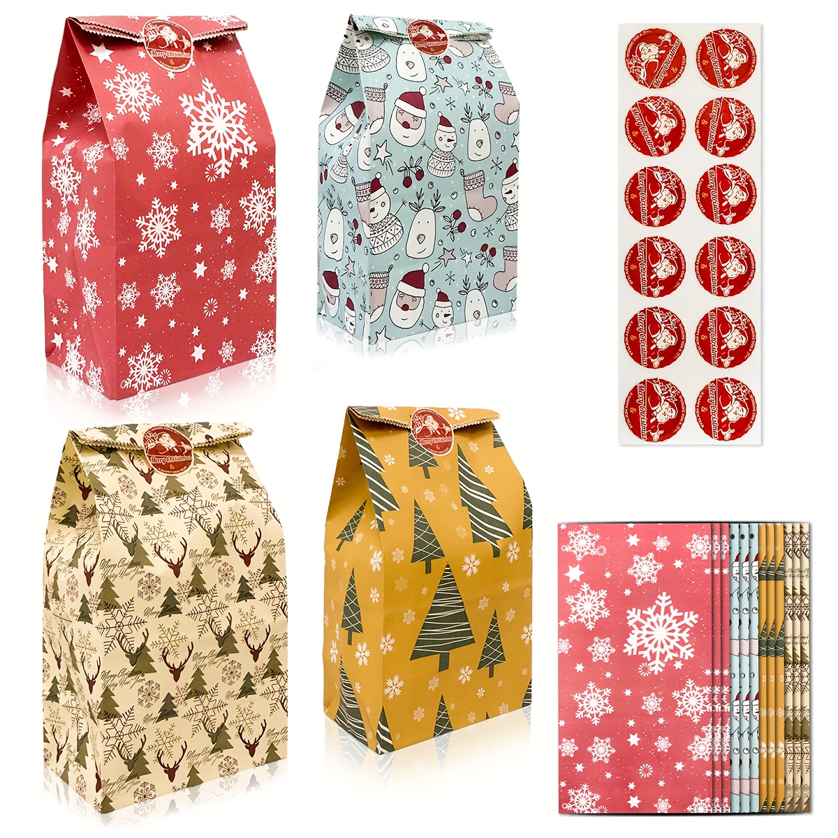 Pack Of 24 (12 Mixed Packaging Bags + 12 Red Sealing Stickers) Packaging Christmas Snowflake And Reindeer Gift Bags With Stickers - Holiday New
