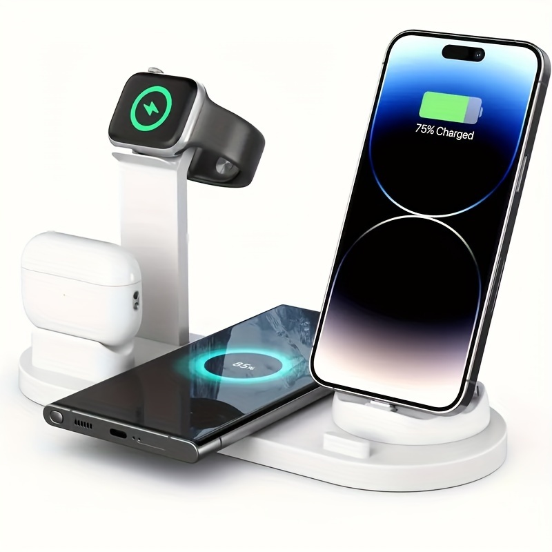 6 in 1 15w wireless charger for fast charging is suitable for iphone iwatch   which can charge 4 phones and one earphone simultaneously there is a stand with watch charging made of abs suitable for desktop work learning and drama use details 7