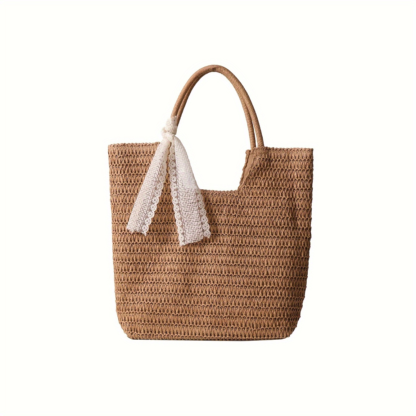 1pc Fashion Casual Style Large Capacity Decorated Large Braided Paper Decor Zipper Paper Women's Beach Bag, Suitable For Vacation, Outing Casual Shopping And Daily Clothing Matching