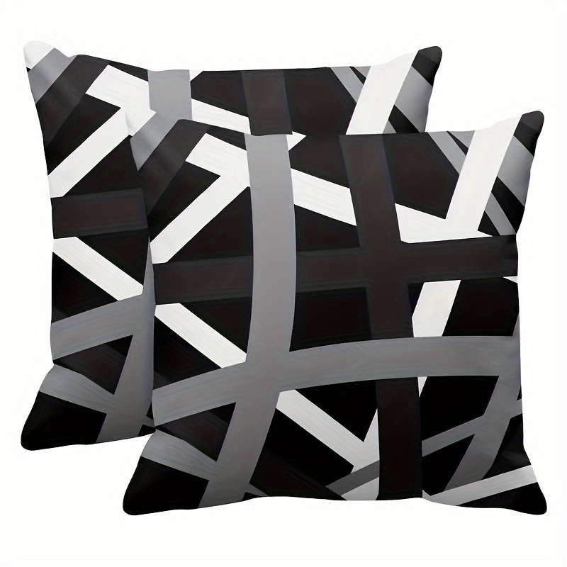 

Set Of 2 Contemporary Geometric Abstract Black And White Stripe Throw Cushion Covers For Various Room Types, Durable Woven Polyester With Invisible Zipper, Machine Washable - 18x18 Inches