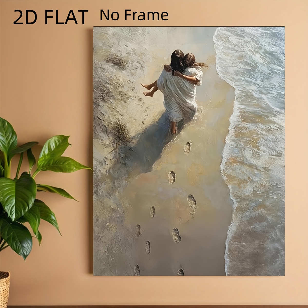 E-shop 2D Flach, 2D Flach, 2D Flach Rahmenlose Leinwand Wandkunst - Frau, die auf dem Strand geht mit Gegenständen, hinterlässt Fußspuren, christliches