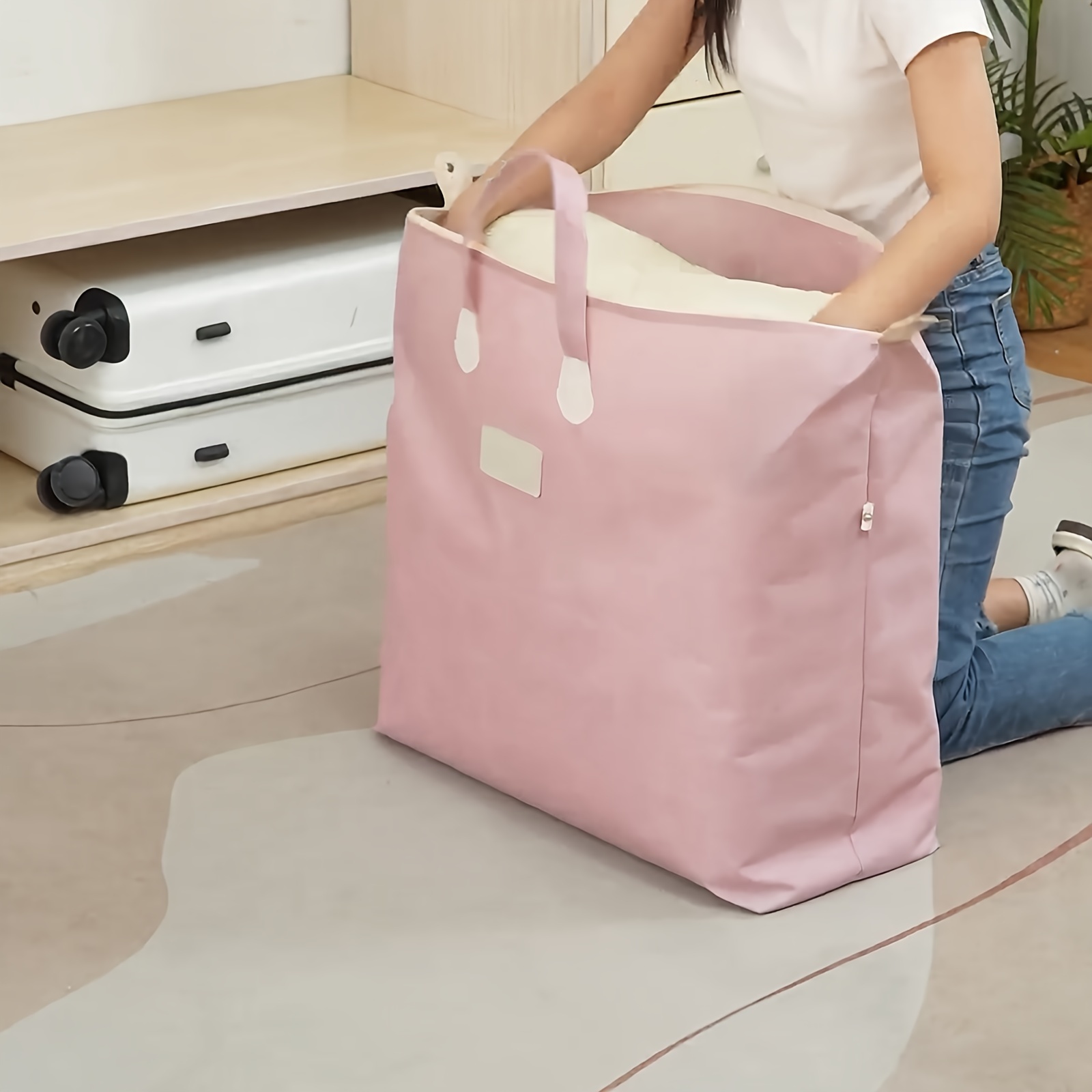 1pc YOUFEN Pink Polyester Blend Quilt Storage Bag with Zipper Closure - Portable Travel Organizer for Dorm, Clothes, Shoes & Accessories, Durable & Lightweight Design for Home, Office, Travel, Quilt Storage Bag, Dorm Room Organizer, Stylish Organizer, Sturdy Handles
