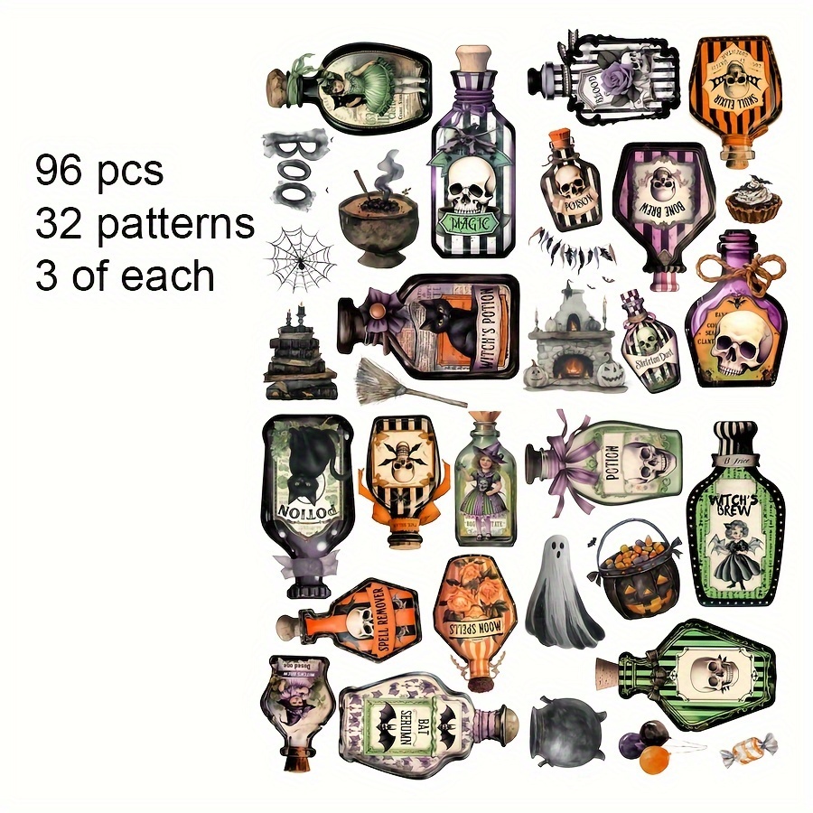 96-99pcs Jai Iman Gothic & Farmhouse Stickers Suitable For, Dia De Los Muertos, Fall Scrapbooking, Junk Journal, Bottle & Album Decor - Book With Farm, Jar, Potion Jar, Plant & Flower Patterns