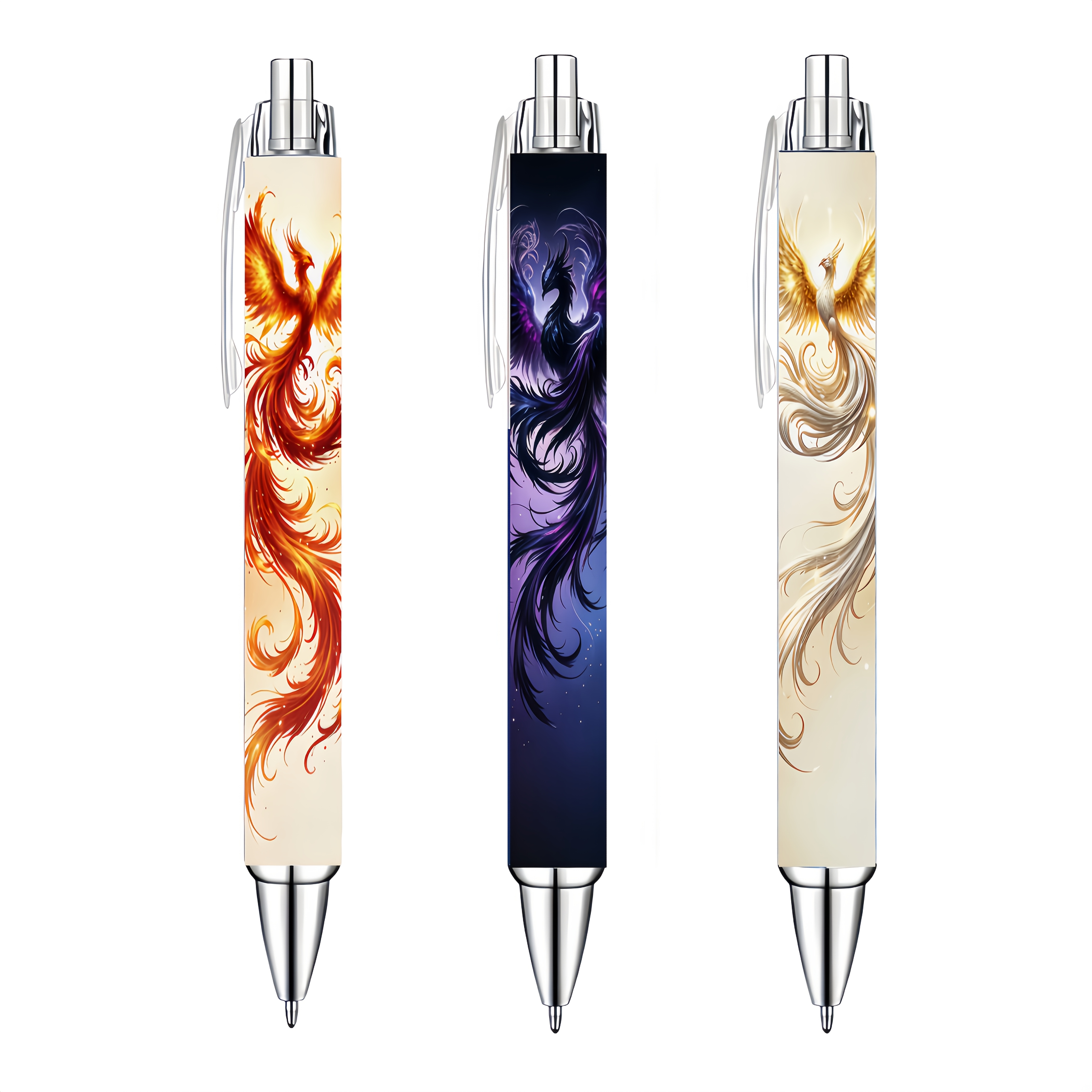TEMU 3pcs Oriental Divine Bird Phoenix Light Luxury Retractable Ballpoint Pens, A Set Of Eastern Writing Pens, Red, Dark Purple, And Gilded Spirit