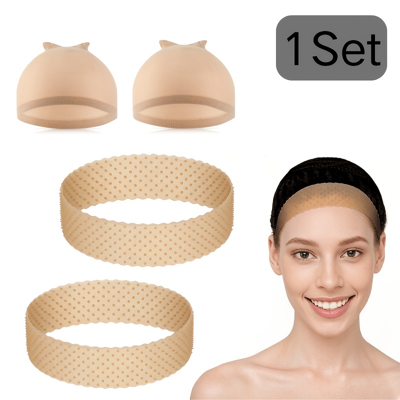 TEMU Lot de 4 bandes antidérapantes pour perruques pour femmes (2 bandes pour , 2 bonnets pour perruques) Bande de maintien transparente Bande de