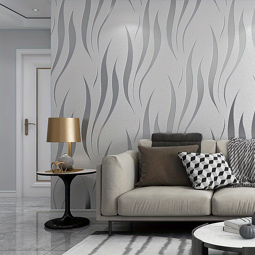 

Peel And Stick Wallpaper, Length 20.8" Width 118.11" Per Roll, Non-woven 3d Modern Print Embossed Stripe Fashion Wallpapers For Livingroom, Bedroom, Kitchen And Bathroom, Silver Grey