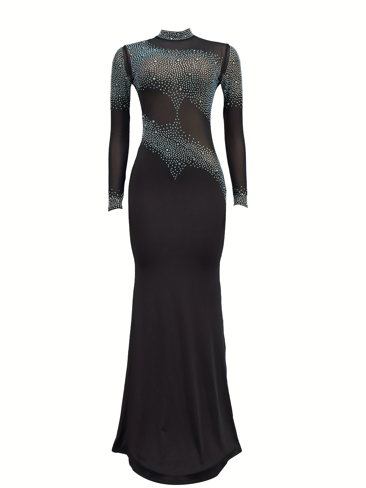 mesh stitching sequin cocktail dress elegant long sleeve slim fit floor length evening dress for party banquet womens clothing details 2