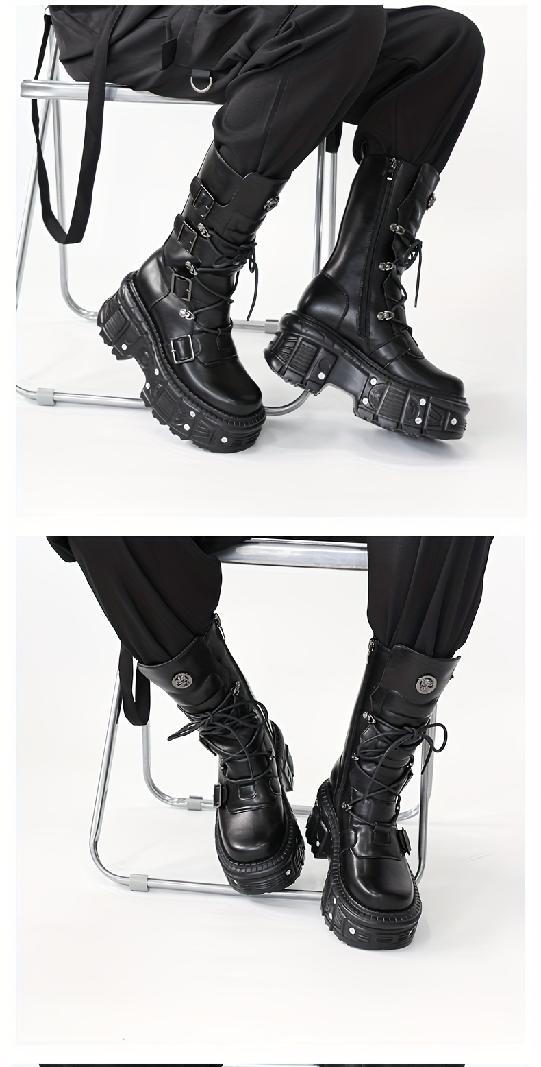 Mid Calf Zip Up Boots Cosplay Y2K Style Round Toe Flat Heel Unisex Women main image 3