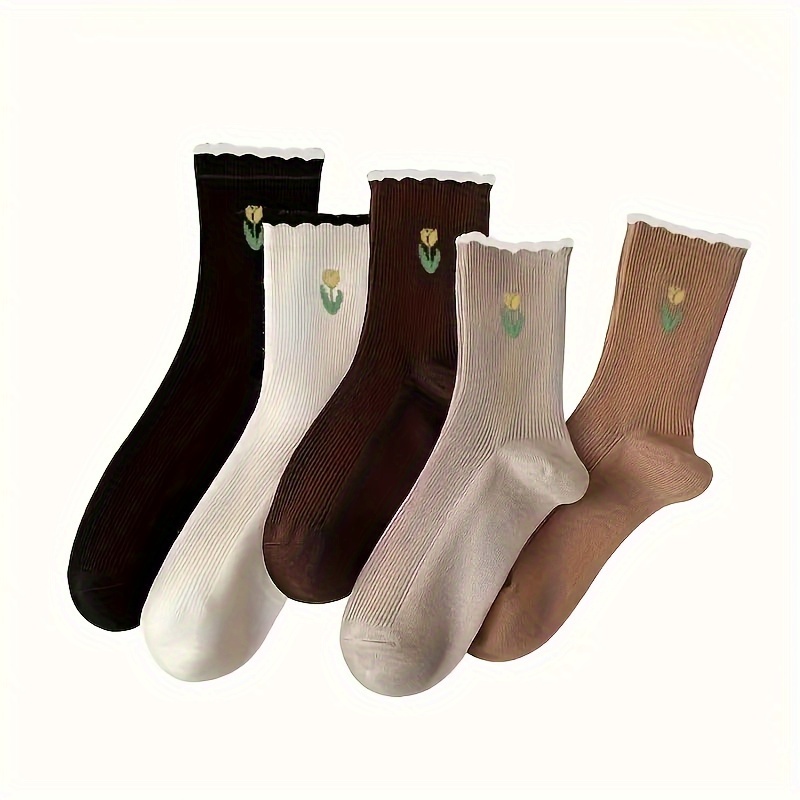 

5 Pairs Simple Tulip Pattern Socks, Comfy & Breathable Mid Tube Socks, Women's Stockings & Hosiery Autumn