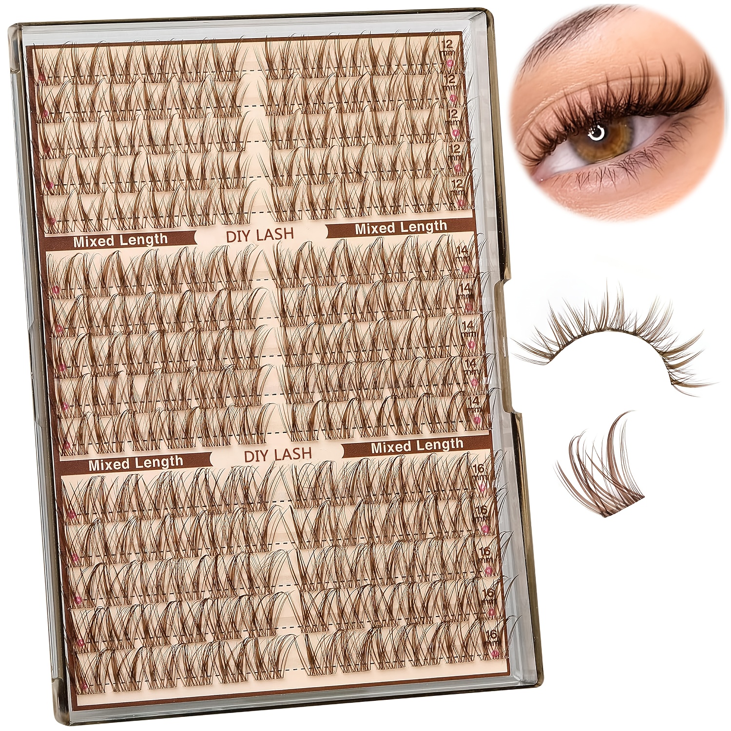 Image of Brown Eyelash Clusters Natural Eyelash Clusters Invisible Band Eyelash Extension Band 12-16mm D Lash Clusters Extension Transparent Band Single Cluster Eyelashes Thick Brown Eyelashes 180pcs