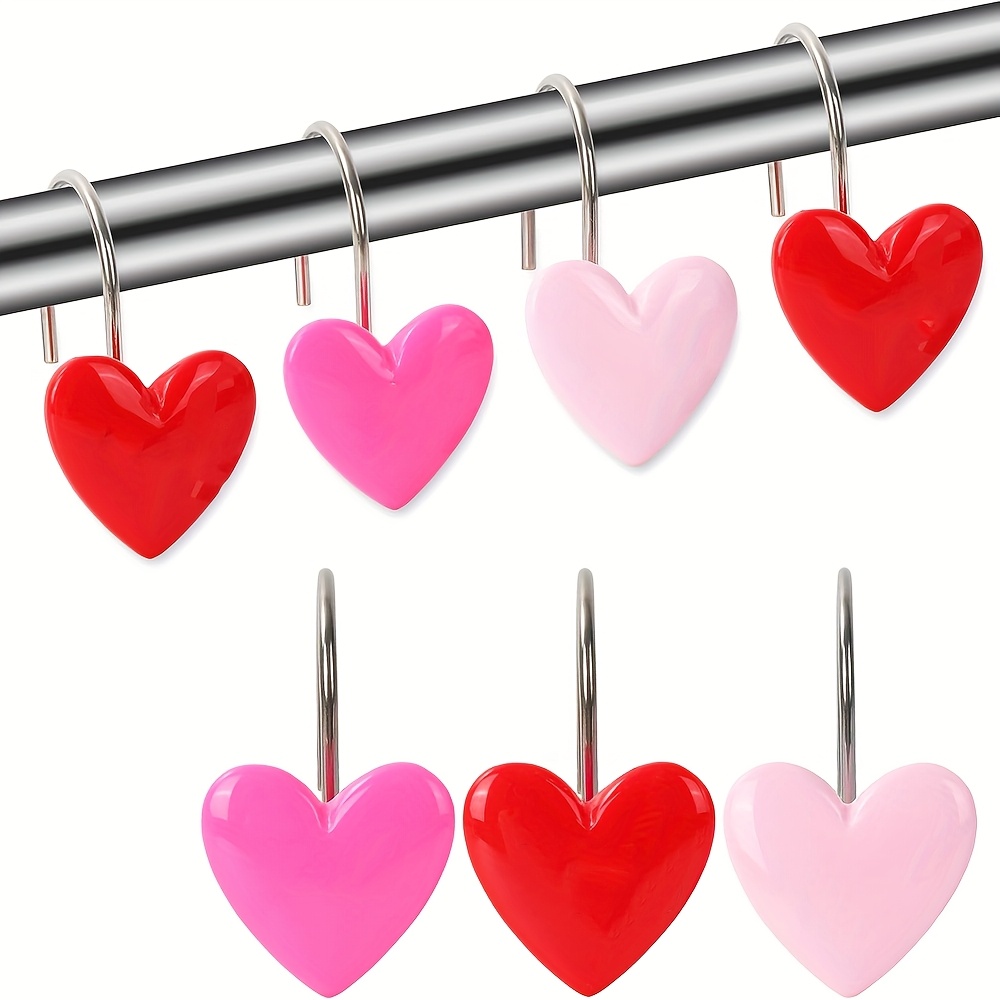 

12pcs Heart-shaped Stainless Steel Shower Curtain Hooks - Decorative & Multi-functional, Ideal Valentine's Day Gift, For Bathroom, Bathroom Decor And Accessories