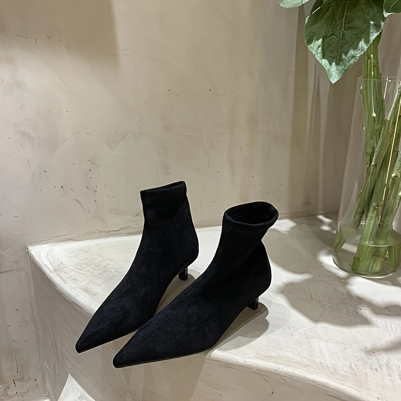 

Women' Color Dwarf Heel Booties, Elegant Pointed Toe Slip On Short Boots, Fashion Black Ankle Boots