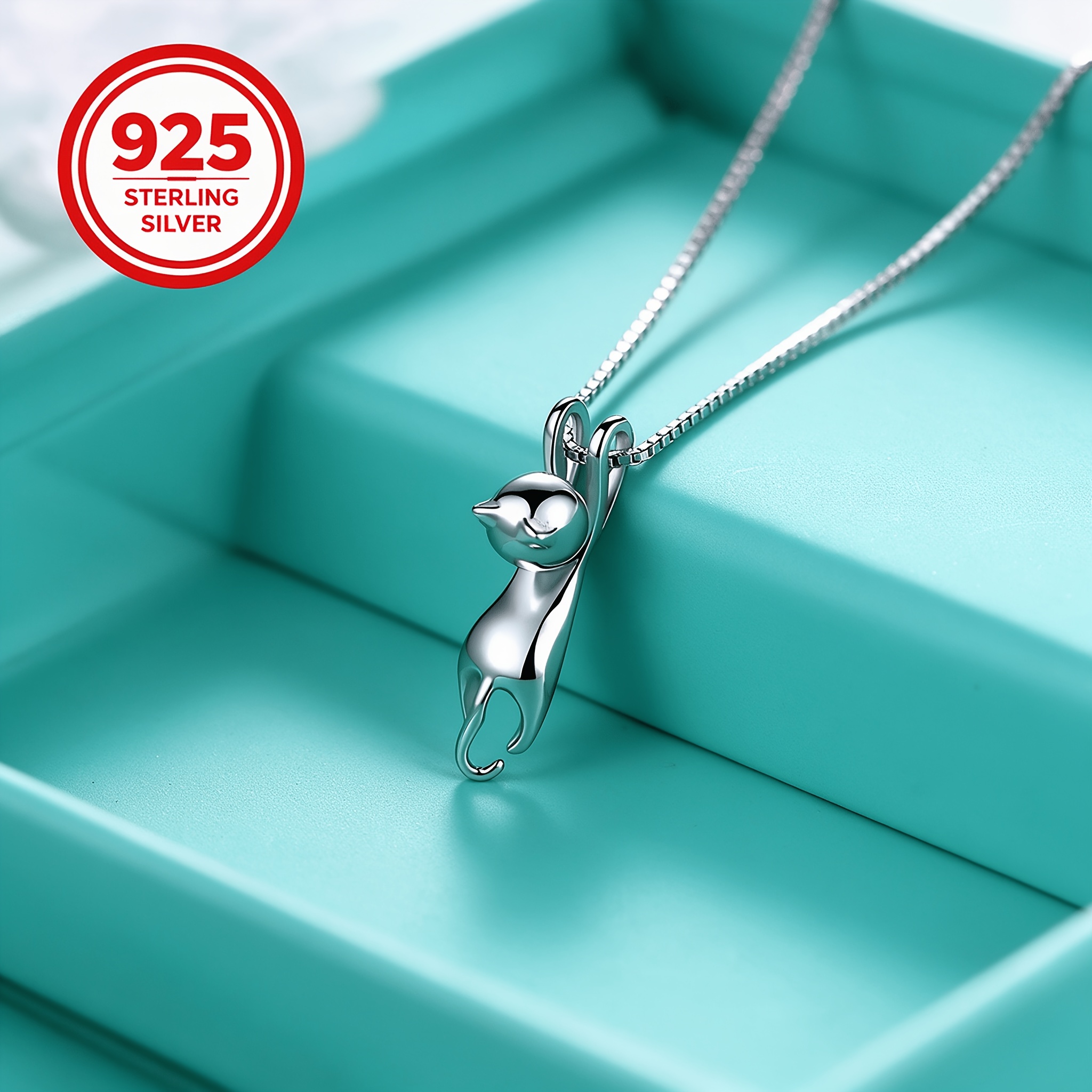 925 Silver Cat Climbing Pendant Necklace, Gift for Couples
