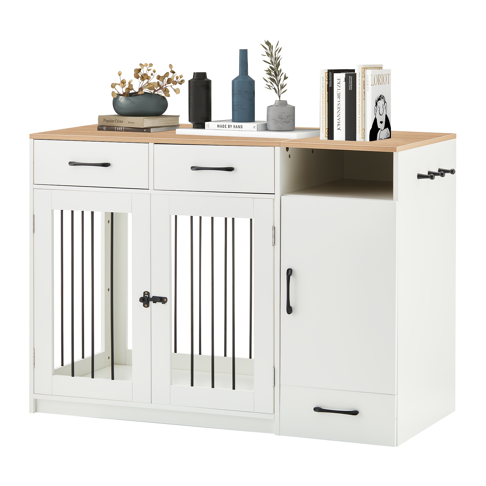 Image of Dog Crate Furniture Style With Pet Feeder Station, Heavy Duty Pet Pen House Kennel Cabinet With Drawer Storage, Indoor Dog Cage With Raised Dog Bowls For Small Medium Large Dogs