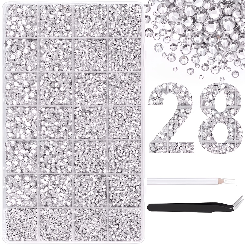 TEMU 28 Compartments 18000pcs Resin Crystal Stones With Tweezers, Suitable For Crafts, Clear Flat Gemstones, Suitable For Crafts, Clothing, Cups,