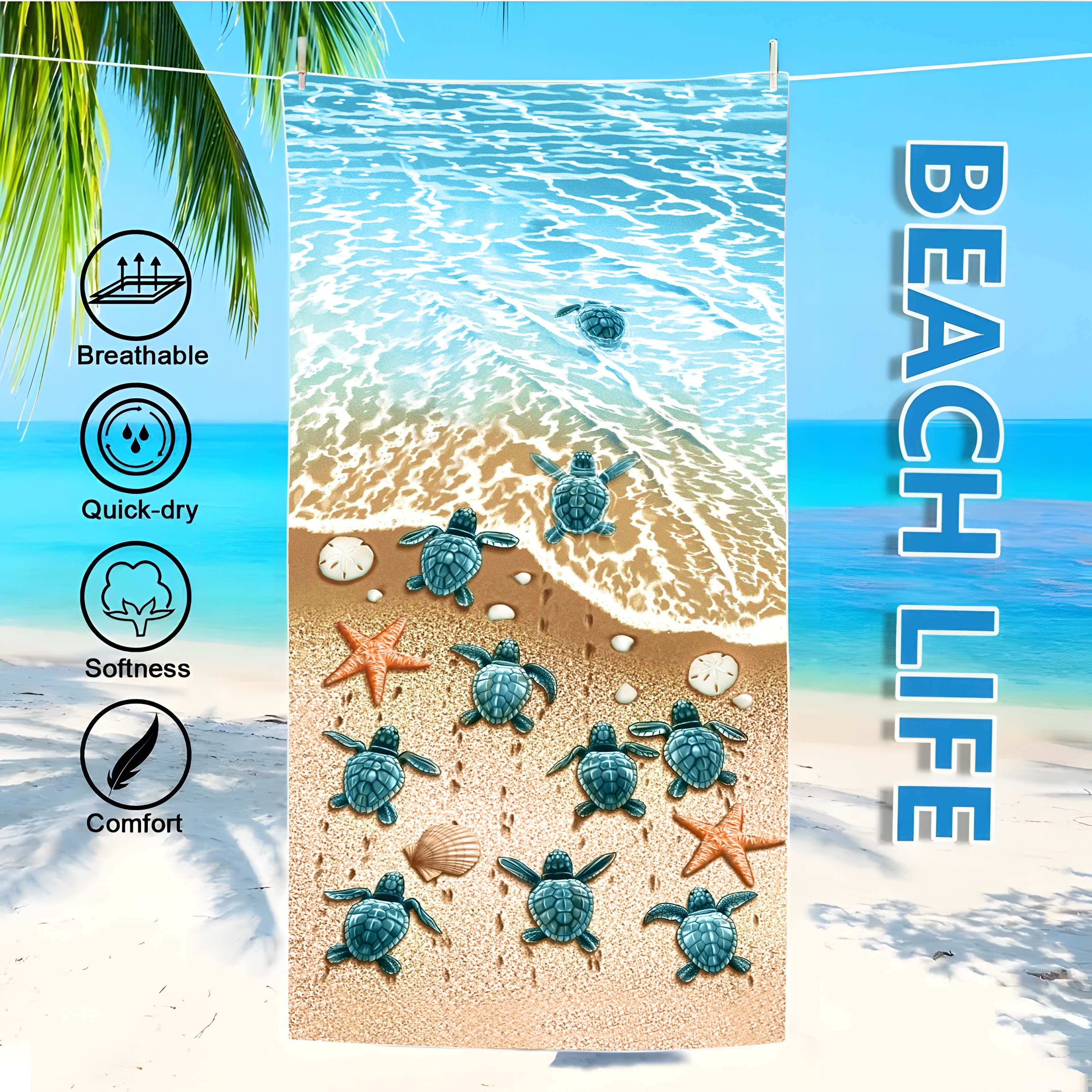 Oversized Microfiber Beach Towels Set With Cute Turtle And Star Print_voghion.com