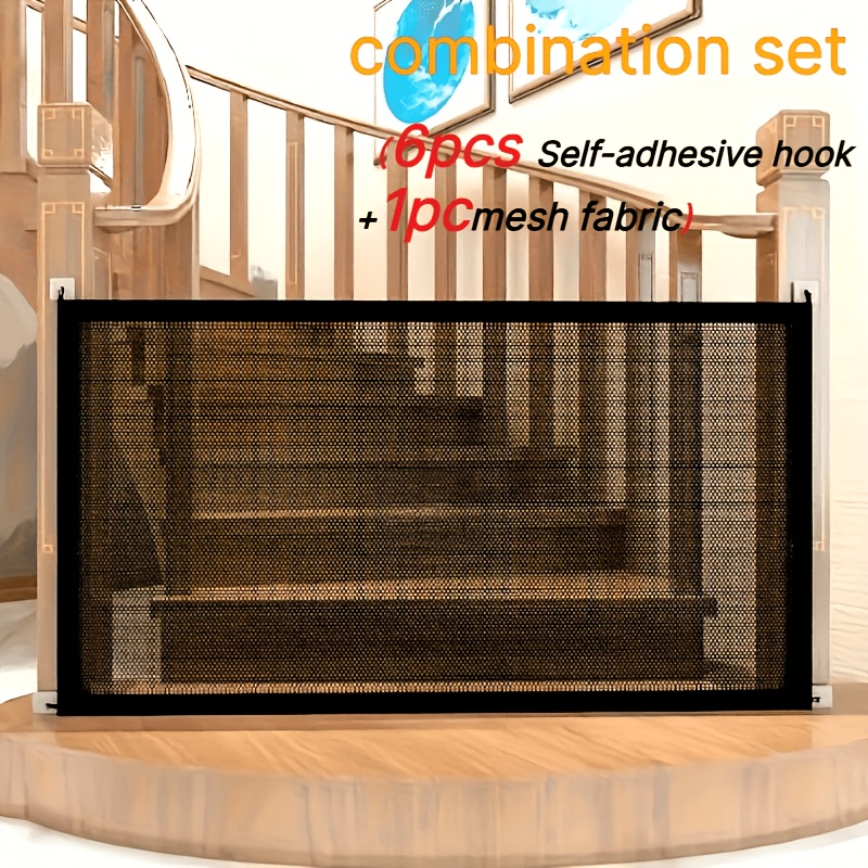 TEMU 1pc Combination Set: 6 Self-adhesive Hooks + Panel, Retractable Pet Fence. Suitable For Small Cats And Dogs. Features A Mesh Panel And