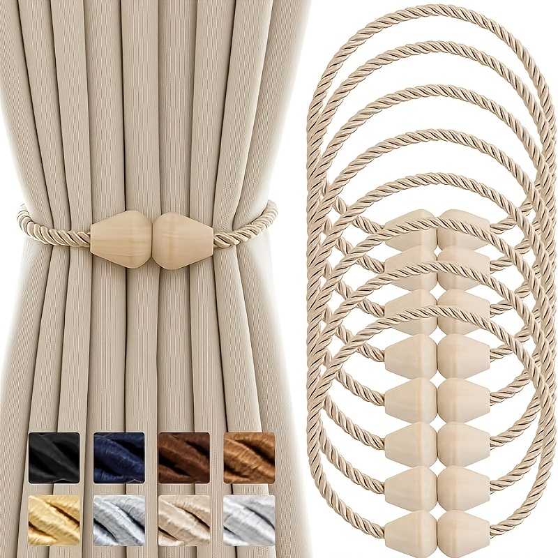 Bohemian Style Wooden Magnetic Curtain Tiebacks, 8pcs Set of Rope Curtain Holdbacks for Handmade Curtains, Multiple Colors Available