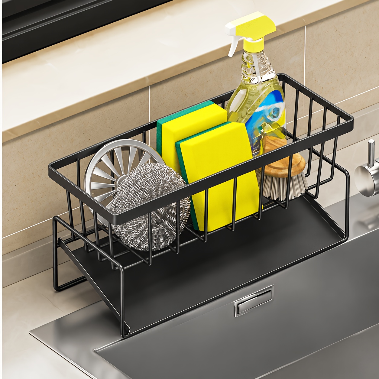 TEMU Organisateur d'évier de cuisine polyvalent avec porte-serviettes - Support à éponge en métal, distributeur de savon à vaisselle et plateau