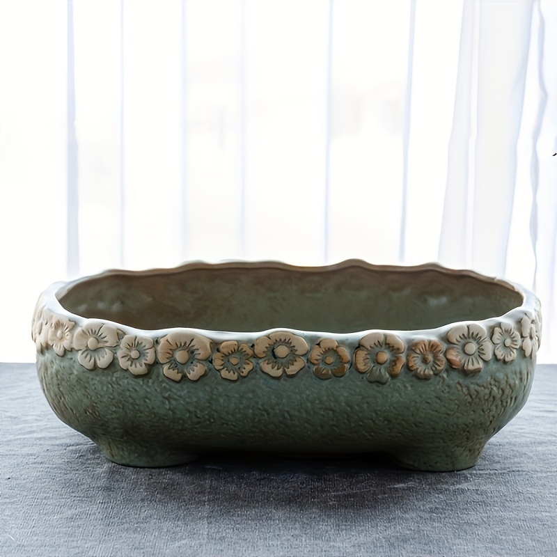 

Contemporary Oval Ceramic Bonsai Planter With Drainage Hole - Vintage-inspired Rustic Patterned Tabletop Pot For Indoor Plants, Special Feature For Bonsai Growth, Accessory Included