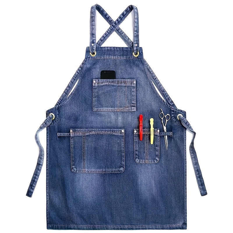 1pc Denim Washed Apron Work Kitchen Baking Floral Nail Art Tea Barista Work Uniform Unisex