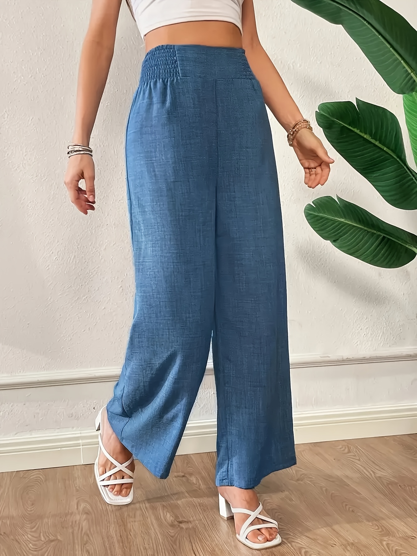 pantalon large coupe   bleu - polyester, couleur  , ceinture plissée, idéal pour printemps été automne, mode adulte, tenue décontractée | texture Détails du produit 3