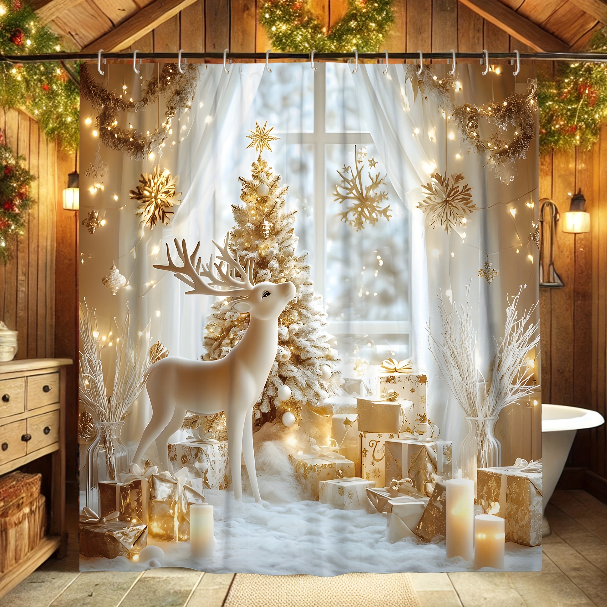 

1pc Christmas Winter Shower Curtain With Deer And Design, Cute Golden And White, Washable Polyester, Holiday Bathroom Decor With 12 Hooks