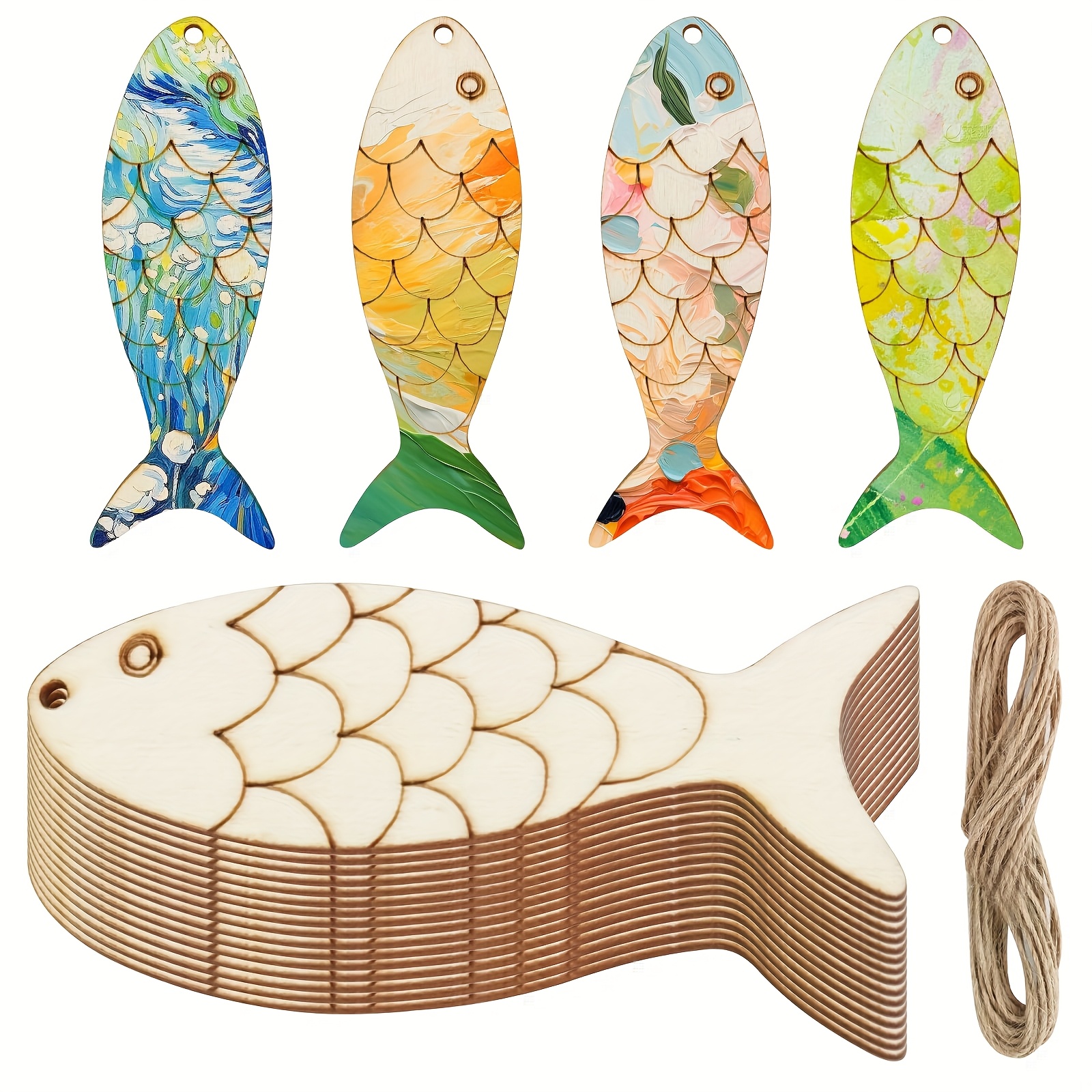 

20pcs Diy Wooden Fish Crafts With Hemp Rope - Easy-hang, Graffiti-ready For Marine Theme Parties & Home Decor