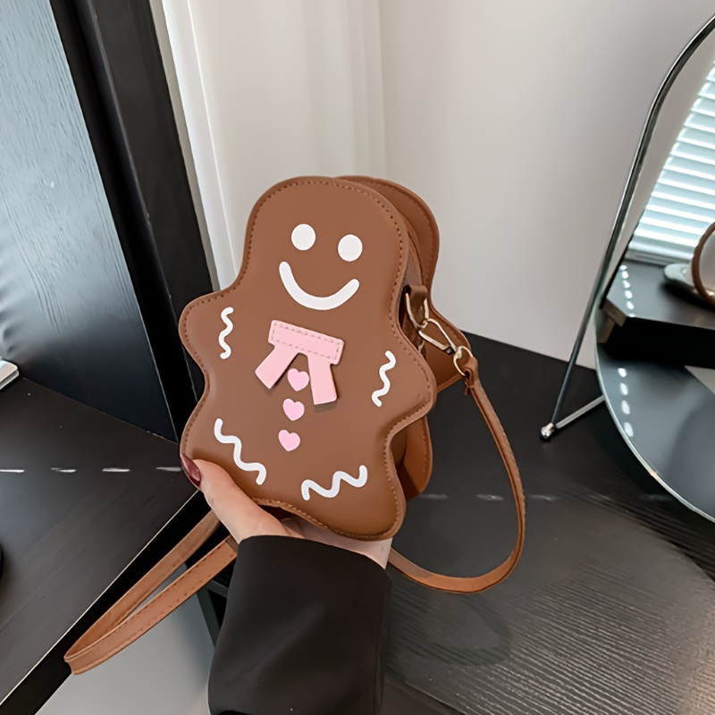 TEMU Women's Gingerbread For Crossbody Bag - Cute & Heart With , Zipper Closure, Detachable Strap - Black With Pink Bow & Heart Cutouts - Synthetic Handbag For Christmas, Birthday Party Gift