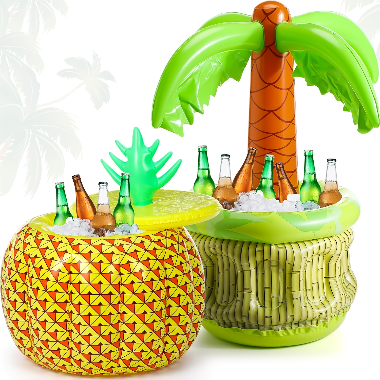 Image of 2pcs 26.8" Inflatable Drink Cooler With Inflatable Palm Tree Cooler, Beach Party Supplies For Luau Halloween