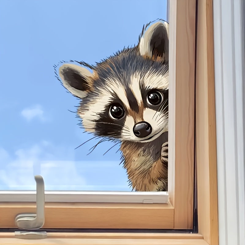 TEMU 1pc Static Cling Raccoon Peeking Window Sticker - Pvc No-glue Adhesive Cute Raccoons Looking In Glass Decal Suitable For Living Room, Bedroom, -