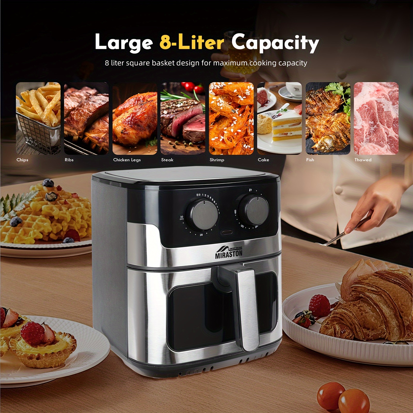 

Manual Air Fryer, Upgraded 8l Air Fryer, Unique Mechanical Knob Design With Fully Open Function Air Fry, Bake, Roast, Broil In Minutes (8qt Black (knob Series))