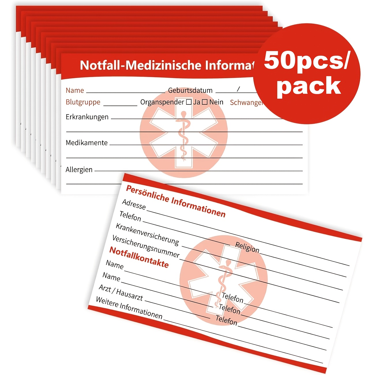 Image of 50pcs Emergency Cards German Language Suitable For Wallets, Phones, Backpacks - Portable Contact Cards With Emergency Alert , Cpr Guides & Alerts For Travel,, For Use (3.5x1.97inch)