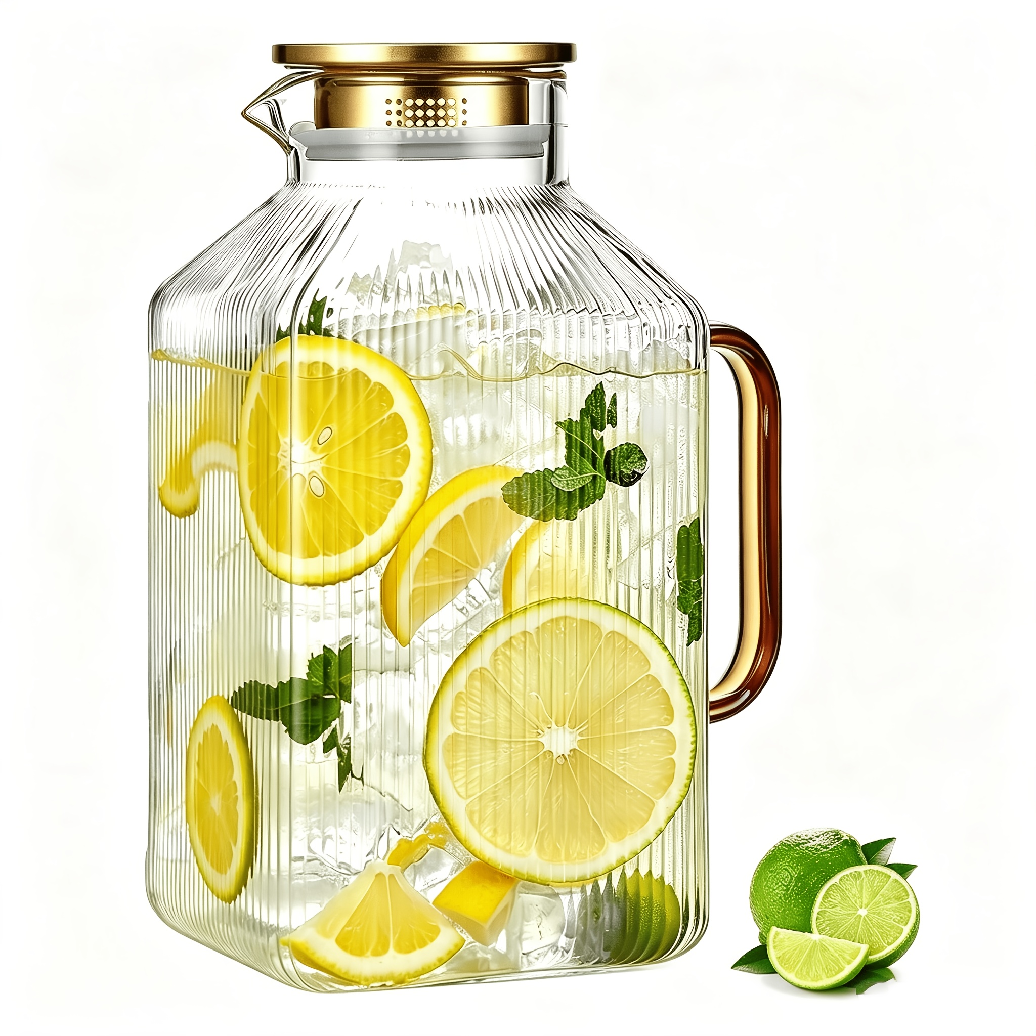 TEMU 1 Gallon Square Glass Pitcher With Lid, Vertical Striped Square Pitcher With Golden Handle And Lid, Extra Large Capacity, Heat Resistant