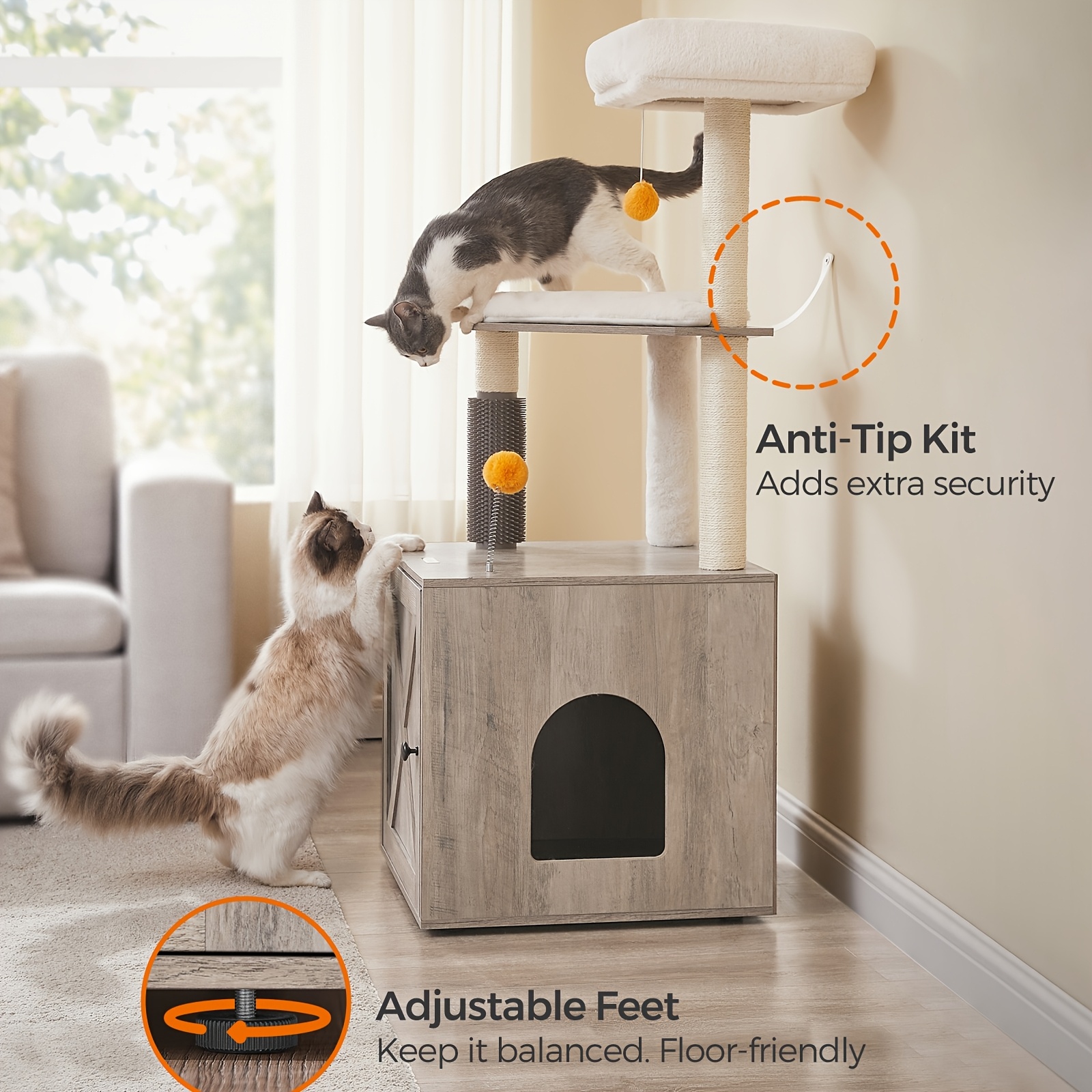 large wooden cat tree with built-in apartment, observation deck