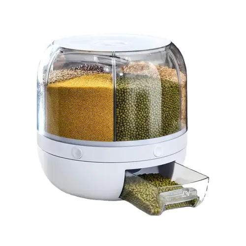 360 rotating food dispenser kitchen countertop dry food storage container with 6 individual compartments transparent rice bucket for beans oatmeal storage boxes for organizing