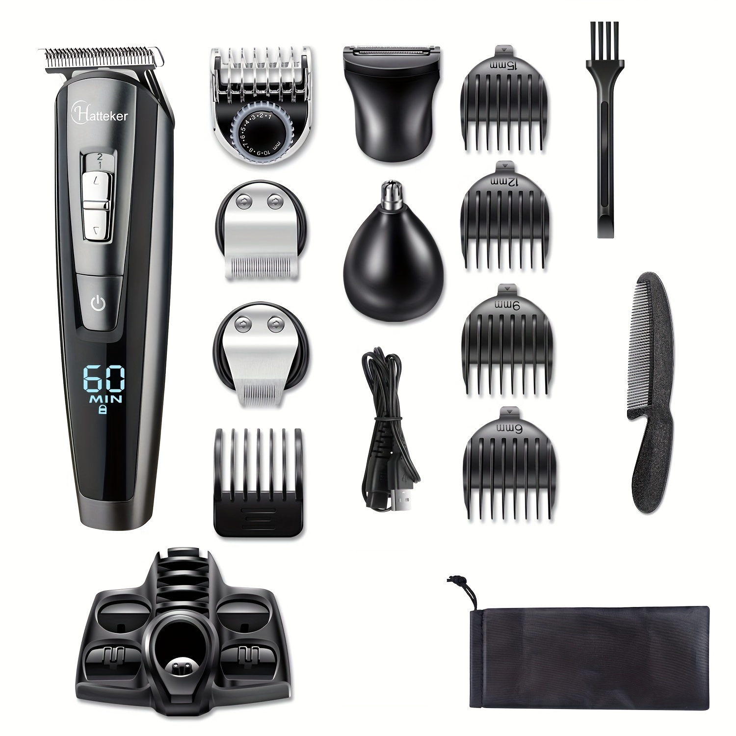 Image of Hatteker -one 5-function Barber Grooming Set Rechargeable Hair Cutting Machine Precision Sculpting Trimmer For Beard Nose Hair And Hairstyle Carving