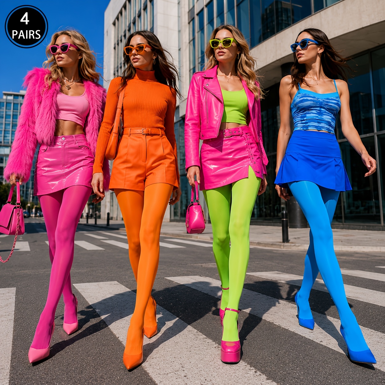 TEMU 4-pair Women's High Solid Color Tights, Rose Fluorescent Blue Colored Tights, Y2k Street Short Skirt Outfit, Spring And Autumn Outing