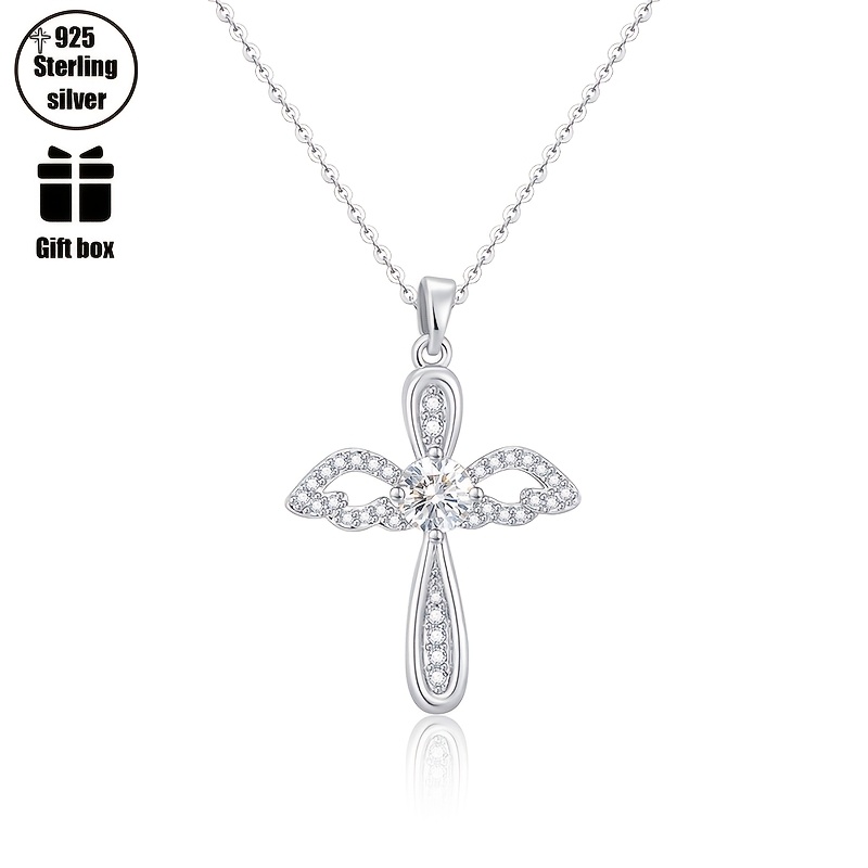 Image of 925 Silver Women's Necklace Wings Pendant Cross Necklace Cute And Elegant Fashionable And Sparkling And High-end Party Banquet Style Give Her Valentine's Day Christmas Exquisite Gift Box Packaging