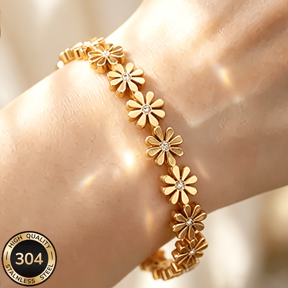 TEMU 304 Stainless Steel 18k Gold-plated Daisy Flower Bracelet, Exquisite And Bracelet, Hypoallergenic And Waterproof, Suitable For Daily Wear And