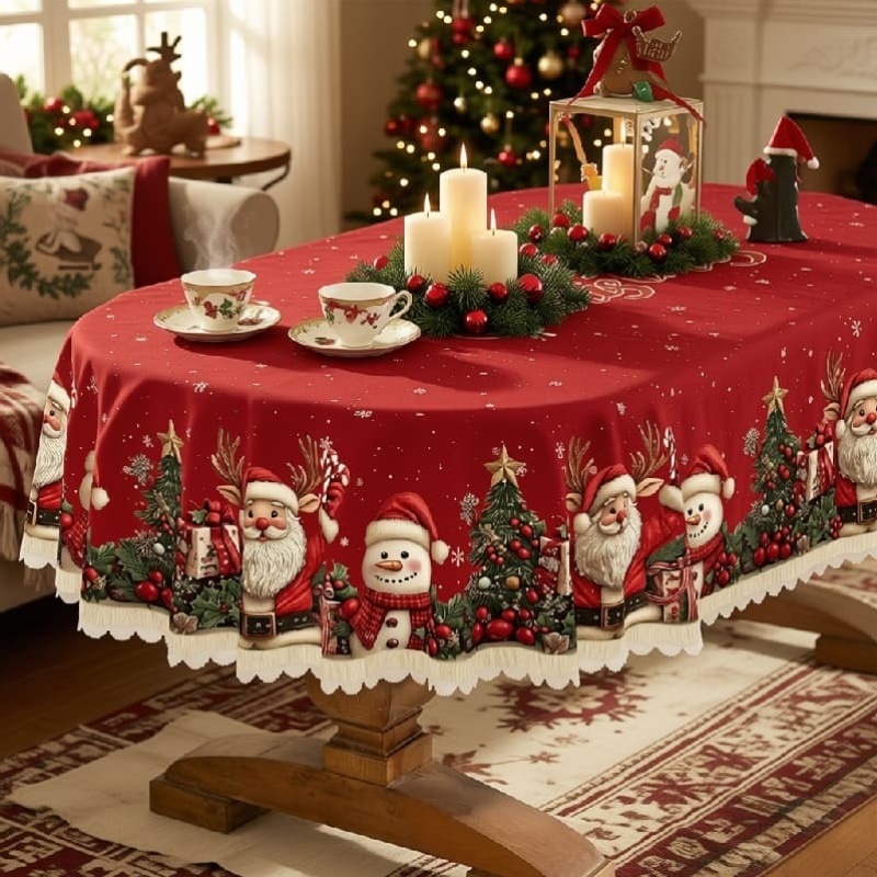 TEMU Christmas Tablecloth, Red And White Decoration, Santa, Snowman And Christmas Tree, Round, Rectangular, Oval. For Banquets, Restaurants, Parties,