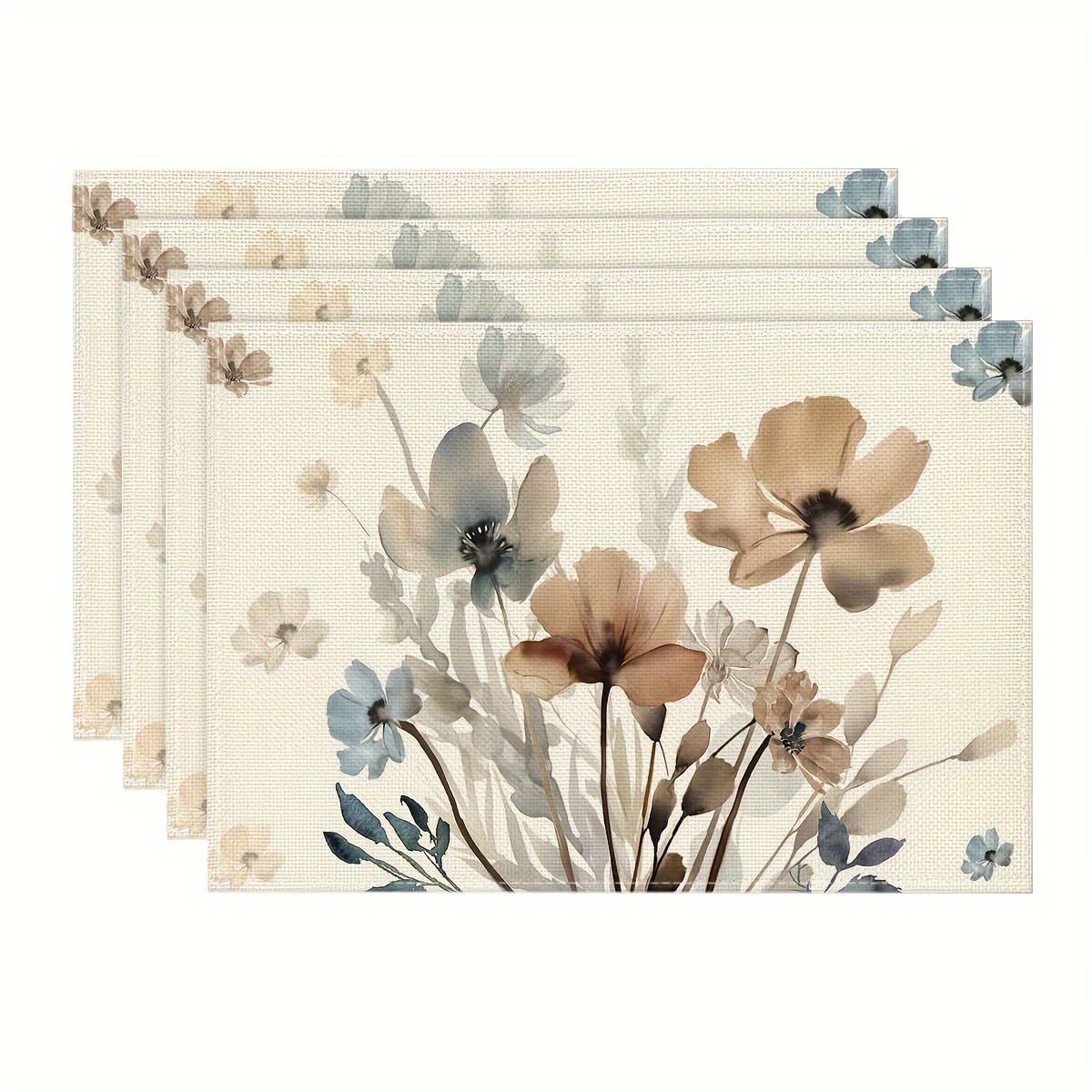 

4pcs Placemats, Brown Poppy Floral Leaves Spring Placemats, Seasonal Summer Table Mats For Party Kitchen Dining Decoration, 12x18 Inch