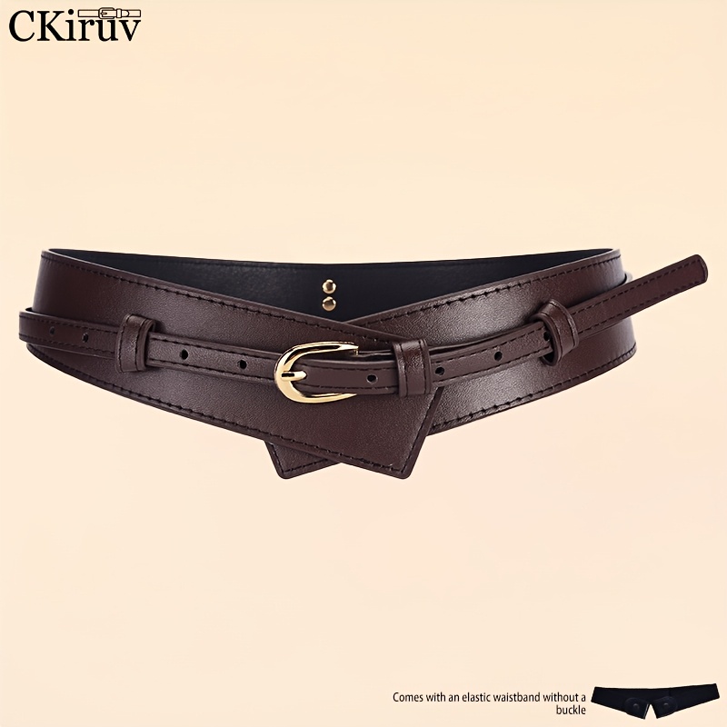 TEMU Women's Fashion Versatile Pu Waist Cincher Belt, 1pc 2-in-1 Design With 1pc Buckle-free Elastic Belt, Featuring Textured Alloy Buckle, Bohemian